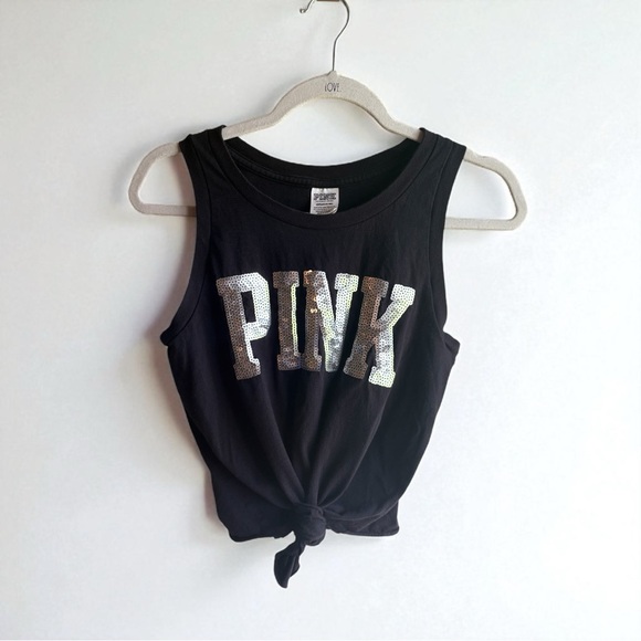 PINK Victoria's Secret Tops - Victoria's Secret Pink Muscle Sequins Bling Racerback Tank Top Black Small